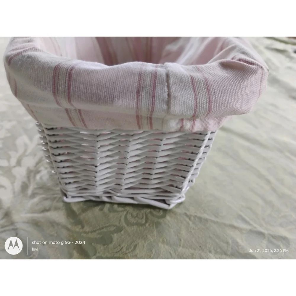 White Wicker Storage Basket Pink Striped Fabric Lining Rectangular Handcrafted